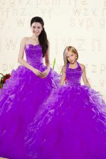  Eggplant Purple Ball Gown Prom Dress Military Ball and Sweet 16 and Quinceanera with Beading and Ruffles Sweetheart Sleeveless Lace Up