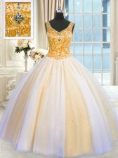 Perfect Sequins Ball Gowns 15th Birthday Dress Multi-color V-neck Tulle Sleeveless Floor Length Lace Up