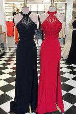 Latest Black Backless Scoop Beading and Lace Prom Evening Gown Elastic Woven Satin Sleeveless Sweep Train