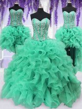 Dazzling Four Piece Sequins Floor Length Turquoise Vestidos de Quinceanera Sweetheart Sleeveless Lace Up