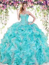 Enchanting Blue And White Ball Gowns Beading and Ruffles Ball Gown Prom Dress Lace Up Organza Sleeveless Floor Length