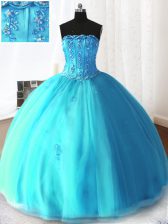  Baby Blue Strapless Neckline Beading and Appliques Sweet 16 Dresses Sleeveless Lace Up