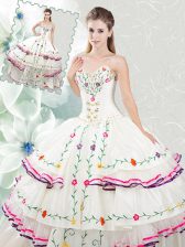 Vintage Organza and Taffeta Sweetheart Sleeveless Lace Up Embroidery and Ruffled Layers Ball Gown Prom Dress in White