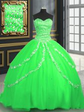 New Style Sleeveless Brush Train Lace Up With Train Beading and Appliques Quince Ball Gowns