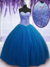 Flirting Teal Sleeveless Tulle Lace Up Quinceanera Gown for Military Ball and Sweet 16 and Quinceanera