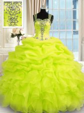  Straps Sleeveless Zipper Ball Gown Prom Dress Yellow Green Organza