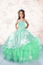 High Quality Embroidery and Ruffled Layers Party Dress Wholesale Apple Green Lace Up Sleeveless Floor Length