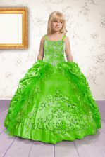  Floor Length Green Little Girls Pageant Dress Satin Sleeveless Beading and Appliques and Pick Ups
