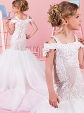 Clearance Tulle Off The Shoulder Sleeveless Lace Up Lace Flower Girl Dresses in White