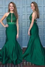 Most Popular Mermaid Halter Top With Train Backless Prom Evening Gown Green for Prom with Beading and Lace Sweep Train