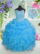  Sleeveless Organza Floor Length Lace Up Party Dress for Girls in Baby Blue with Beading and Ruffles and Pick Ups