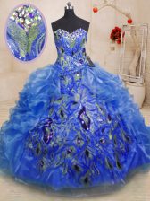  Blue Ball Gowns Beading and Appliques and Ruffles 15th Birthday Dress Zipper Organza Sleeveless Floor Length