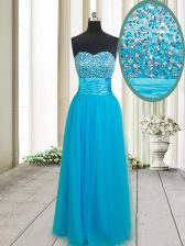 Sleeveless Floor Length Beading Lace Up Prom Dress with Baby Blue
