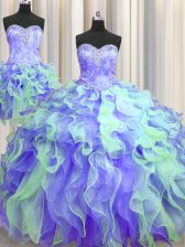 Luxury Three Piece Multi-color Organza Lace Up Sweetheart Sleeveless Floor Length Ball Gown Prom Dress Beading and Appliques and Ruffles
