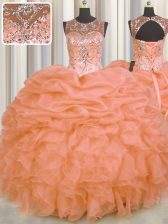 Custom Fit See Through Orange Sleeveless Floor Length Beading and Ruffles and Pick Ups Lace Up Sweet 16 Quinceanera Dress