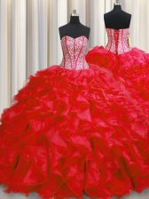  Visible Boning Sleeveless Beading and Ruffles Lace Up Sweet 16 Quinceanera Dress