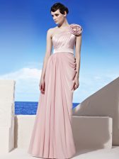  One Shoulder Pink Sleeveless Ruching and Hand Made Flower Floor Length Evening Dress