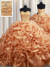  Champagne Quinceanera Gown Organza Court Train Sleeveless Beading and Ruffles and Pick Ups