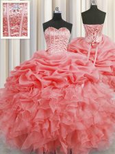 Hot Sale Visible Boning Watermelon Red Lace Up Quinceanera Dresses Beading and Ruffles and Pick Ups Sleeveless Floor Length