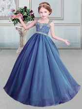  Blue Lace Up Straps Beading Little Girl Pageant Dress Organza Sleeveless
