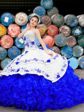 Comfortable With Train Lace Up Quinceanera Gowns White and Blue for Military Ball and Sweet 16 and Quinceanera with Embroidery and Ruffles Brush Train