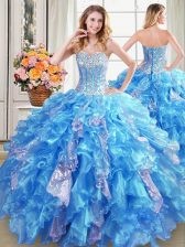  Sequins Baby Blue Sleeveless Organza Lace Up Quinceanera Dresses for Military Ball and Sweet 16 and Quinceanera
