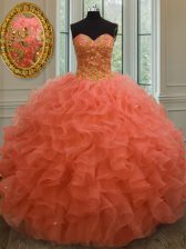 Latest Organza Sweetheart Sleeveless Lace Up Beading and Ruffles Ball Gown Prom Dress in Orange Red