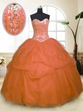 Sexy Orange Tulle Zipper Sweetheart Sleeveless Floor Length Vestidos de Quinceanera Sequins and Pick Ups