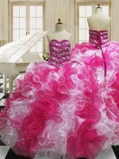  Sleeveless Floor Length Beading and Ruffles Lace Up Sweet 16 Dress with Pink And White