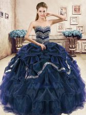 Stunning Navy Blue and Purple Ball Gowns Organza Sweetheart Sleeveless Beading and Ruffled Layers and Pick Ups Floor Length Lace Up Sweet 16 Dress