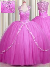 Glorious See Through Cap Sleeves With Train Zipper Quinceanera Dresses Hot Pink for Military Ball and Sweet 16 and Quinceanera with Beading and Appliques Brush Train