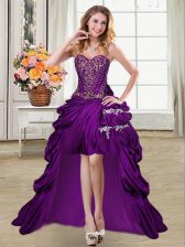Stylish Taffeta Sleeveless High Low Prom Dresses and Beading and Appliques and Pick Ups