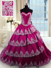  Fuchsia Taffeta Lace Up Sweet 16 Quinceanera Dress Sleeveless With Train Court Train Beading and Appliques and Embroidery and Ruffled Layers
