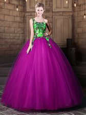 Luxurious Purple Ball Gowns Tulle One Shoulder Sleeveless Pattern Floor Length Lace Up Quinceanera Dress