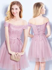 Hot Selling Off the Shoulder Pink Tulle Lace Up Quinceanera Court Dresses Sleeveless Mini Length Appliques and Belt