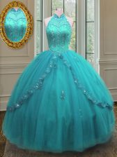  Sleeveless Floor Length Beading and Appliques Lace Up Ball Gown Prom Dress with Aqua Blue