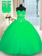 Top Selling Sleeveless Floor Length Appliques Lace Up Quince Ball Gowns with Green