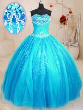 Sexy Baby Blue Lace Up Quince Ball Gowns Beading and Appliques Sleeveless Floor Length