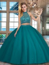  Halter Top Teal Sleeveless Tulle Backless Quinceanera Gown for Military Ball and Sweet 16 and Quinceanera