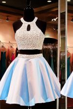  Blue Prom Gown Prom and Party with Beading Scoop Sleeveless Zipper