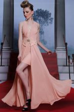  Floor Length Pink Dress for Prom V-neck Sleeveless Clasp Handle