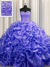 Colorful Purple Ball Gowns Sweetheart Sleeveless Organza With Train Court Train Lace Up Beading and Pick Ups Sweet 16 Dress