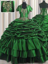 Admirable Dark Green Sweet 16 Dress Military Ball and Sweet 16 and Quinceanera with Beading and Appliques and Pick Ups Sweetheart Sleeveless Brush Train Lace Up