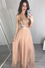 Sumptuous Floor Length Zipper Evening Dress Peach for Prom with Sequins and Pleated