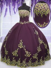 Simple Strapless Sleeveless Zipper Quince Ball Gowns Purple Tulle