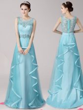 Scoop With Train Zipper Prom Dress Aqua Blue for Prom and Party with Appliques and Ruffles Brush Train