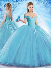 Trendy Organza Off The Shoulder Sleeveless Brush Train Lace Up Beading Quince Ball Gowns in Aqua Blue