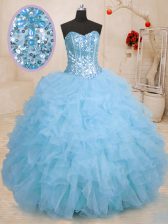  Baby Blue Sweetheart Neckline Beading and Ruffles Quince Ball Gowns Sleeveless Lace Up