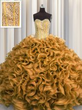 Affordable Visible Boning Gold Lace Up Sweetheart Beading and Ruffles 15 Quinceanera Dress Organza Sleeveless