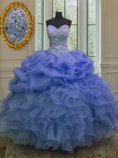 High Class Blue Sleeveless Floor Length Beading and Ruffles and Pick Ups Lace Up Sweet 16 Dress